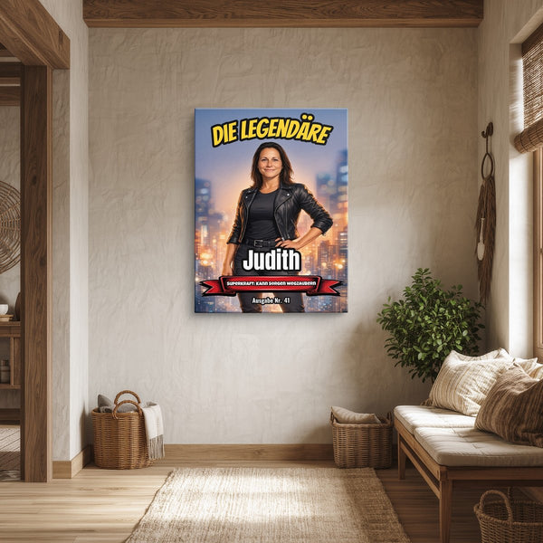 Leinwand ohne Rahmen in Diele Dein Foto als Comic-Heldin Hochformat