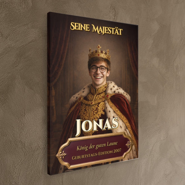 Leinwand ohne Rahmen schraeg auf Wand Dein Foto als König Hochformat