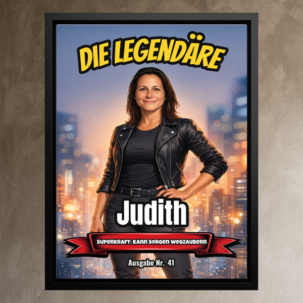 Leinwand schwarzer Rahmen auf Wand Dein Foto als Comic-Heldin Hochformat