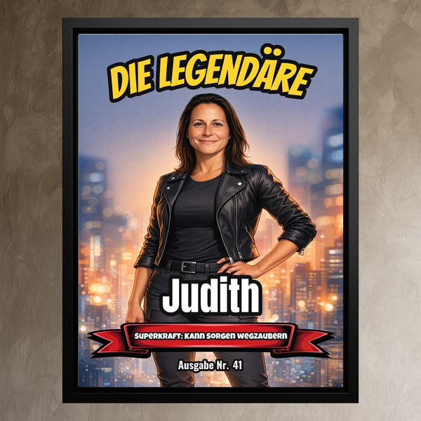 Leinwand schwarzer Rahmen auf Wand Dein Foto als Comic-Heldin Hochformat