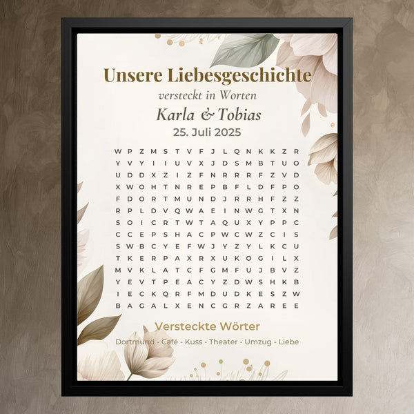 Eure Love Story als Wortsuche - personalisiertes Wandbild auf Leinwand