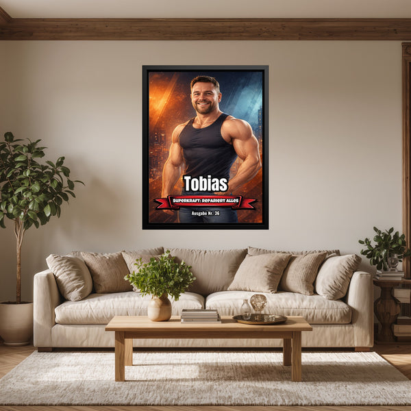 Leinwand schwarzer Rahmen im Wohnzimmer Dein Foto als Comic-Held Hochformat