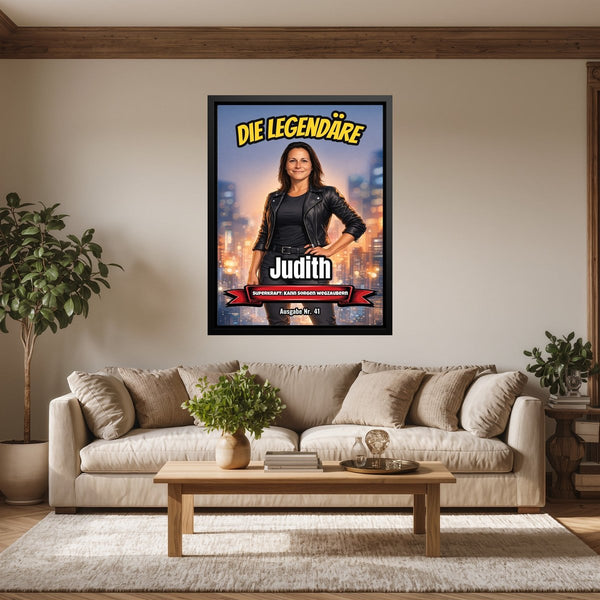 Leinwand schwarzer Rahmen im Wohnzimmer Dein Foto als Comic-Heldin Hochformat