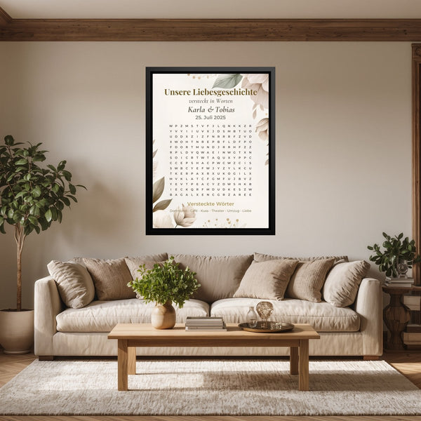 Eure Love Story als Wortsuche - personalisiertes Wandbild auf Leinwand
