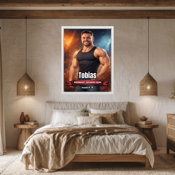 Leinwand weisser Rahmen im Schlafzimmer Dein Foto als Comic-Held Hochformat