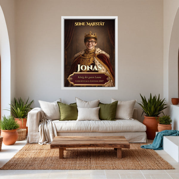 Leinwand weisser Rahmen im Wohnzimmer Dein Foto als König Hochformat