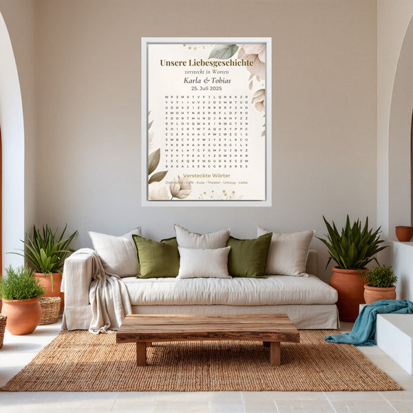 Eure Love Story als Wortsuche - personalisiertes Wandbild auf Leinwand