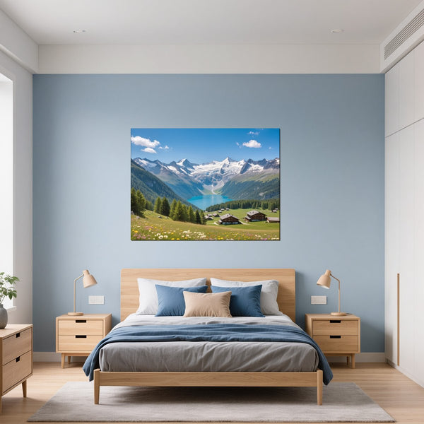 Leinwandbild Alpenlandschaft mit blühenden Wiesen fuer Schlafzimmer blau Querformat