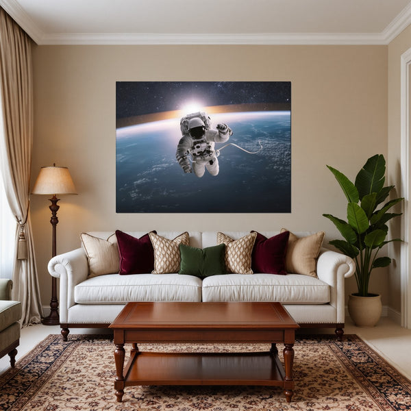 Leinwandbild Astronaut im Weltall fuer Wohnzimmer warmeFarben Querformat
