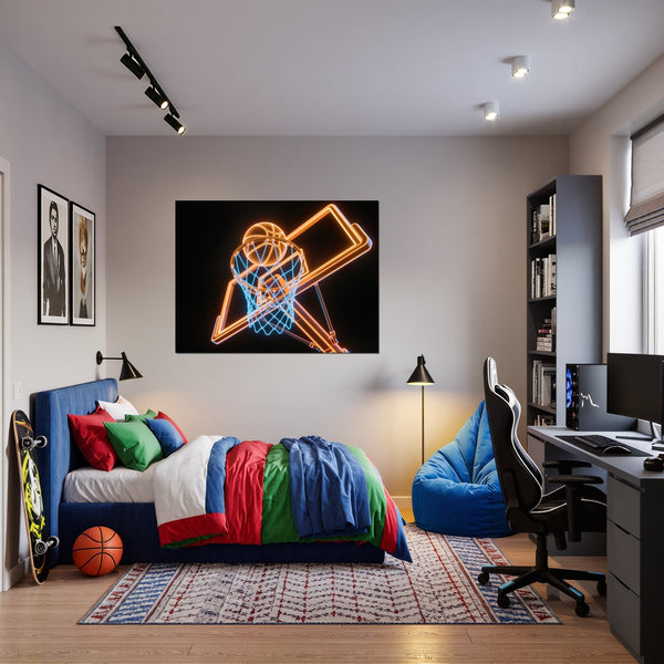 Leinwandbild Basketball im Neonlicht fuer Jugendzimmer warmeFarben Querformat