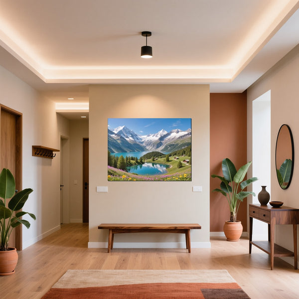 Leinwandbild Berglandschaft mit See fuer Flur und Eingang warmeFarben Querformat