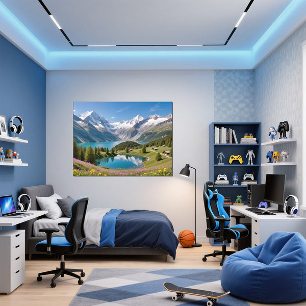 Leinwandbild Berglandschaft mit See fuer Jugendzimmer blau Querformat