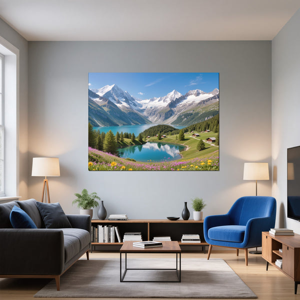 Leinwandbild Berglandschaft mit See fuer Wohnzimmer blau Querformat