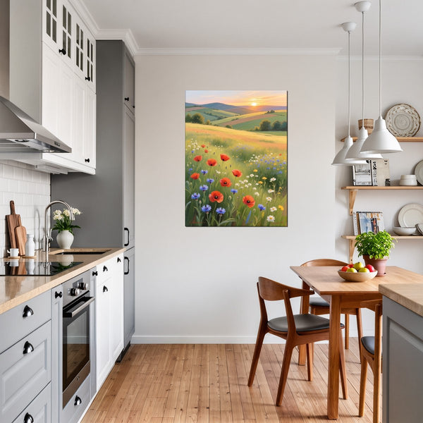 Leinwandbild Blühende Wiesen im Sonnenuntergang fuer Kueche und Esszimmer grauoderbeige Hochformat