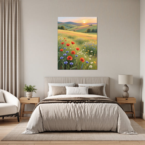 Leinwandbild Blühende Wiesen im Sonnenuntergang fuer Schlafzimmer grauoderbeige Hochformat