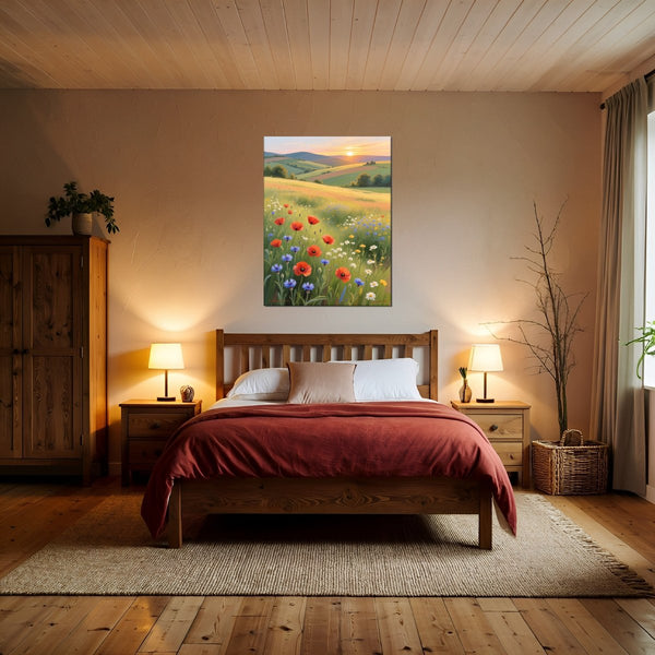 Leinwandbild Blühende Wiesen im Sonnenuntergang fuer Schlafzimmer warmeFarben Hochformat