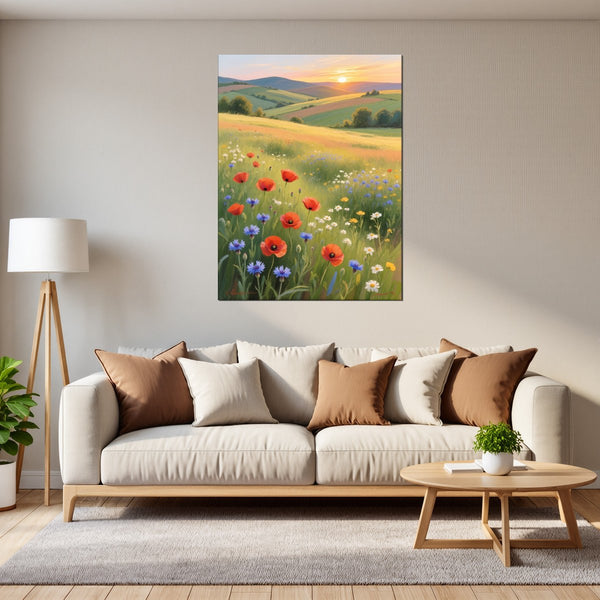 Leinwandbild Blühende Wiesen im Sonnenuntergang fuer Wohnzimmer grauoderbeige Hochformat