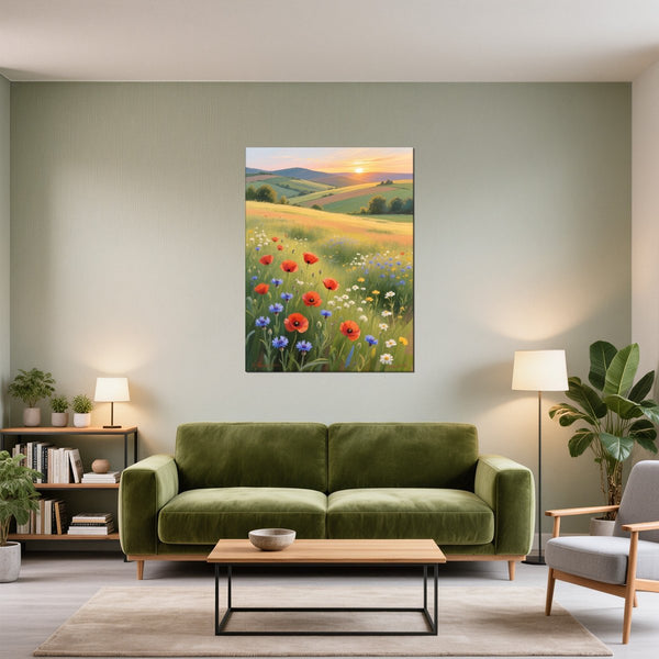 Leinwandbild Blühende Wiesen im Sonnenuntergang fuer Wohnzimmer gruen Hochformat