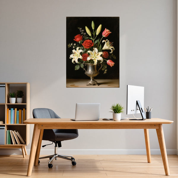 Leinwandbild Blütenzauber im Silberbecher fuer Buero und Arbeitszimmer warmeFarben Hochformat