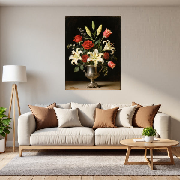 Leinwandbild Blütenzauber im Silberbecher fuer Wohnzimmer grauoderbeige Hochformat