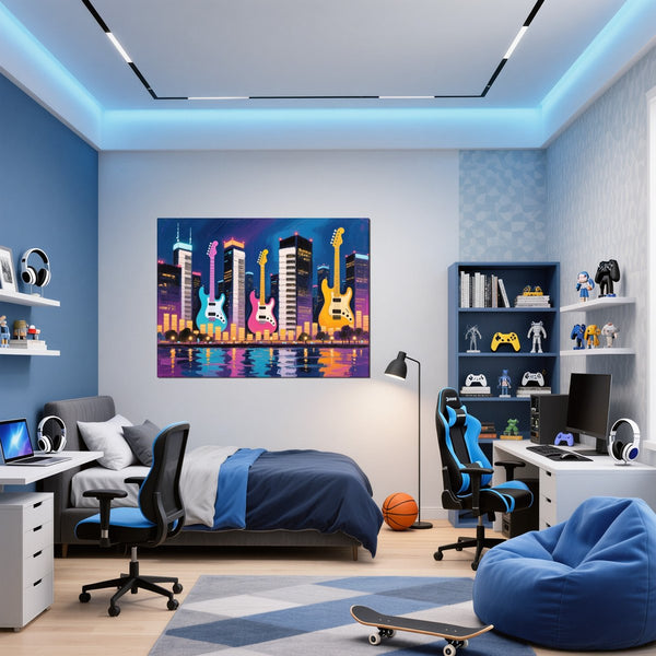 Leinwandbild Bunte Gitarren in der Stadt fuer Jugendzimmer blau Querformat