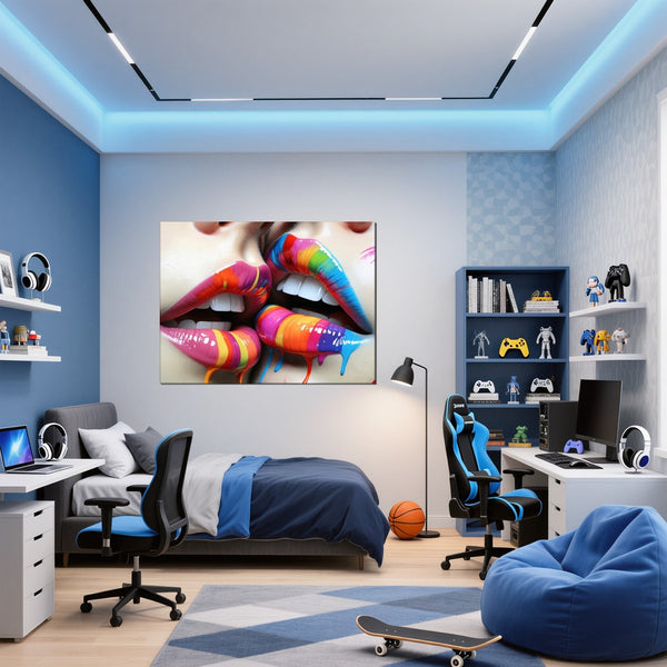 Leinwandbild Bunte Lippenkunst B-00028 fuer Jugendzimmer blau Querformat