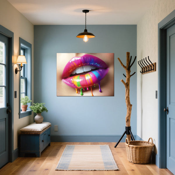 Leinwandbild Bunte Lippenkunst fuer Flur und Eingang blau Querformat
