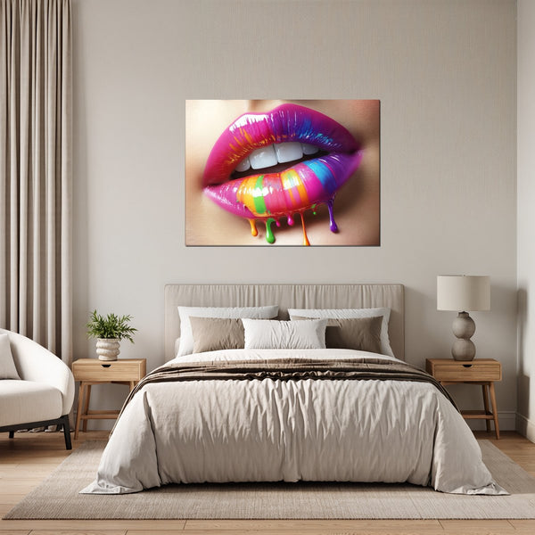 Leinwandbild Bunte Lippenkunst fuer Schlafzimmer grauoderbeige Querformat