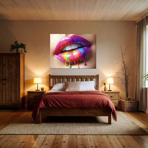 Leinwandbild Bunte Lippenkunst fuer Schlafzimmer warmeFarben Querformat