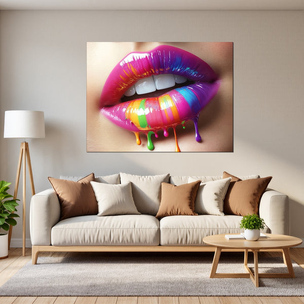Leinwandbild Bunte Lippenkunst fuer Wohnzimmer grauoderbeige Querformat