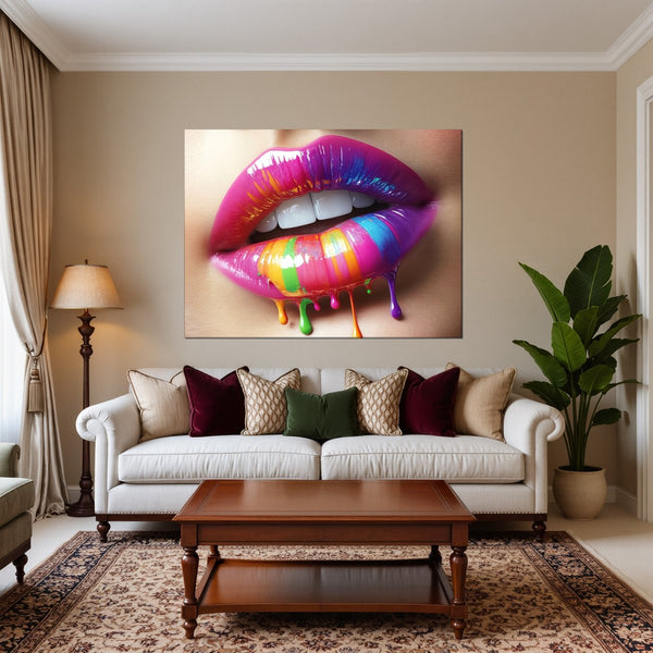 Leinwandbild Bunte Lippenkunst fuer Wohnzimmer warmeFarben Querformat