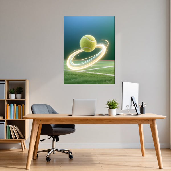Leinwandbild Dynamischer Tennis-Moment fuer Buero und Arbeitszimmer warmeFarben Hochformat