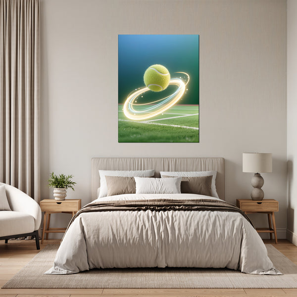 Leinwandbild Dynamischer Tennis-Moment fuer Schlafzimmer grauoderbeige Hochformat