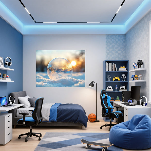 Leinwandbild Eisige Seifenblase im Sonnenlicht fuer Jugendzimmer blau Querformat