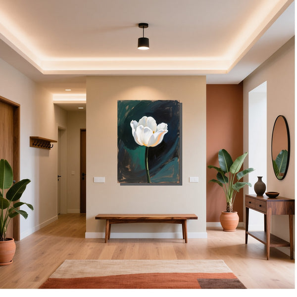 Leinwandbild Elegante weiße Tulpe fuer Flur und Eingang warmeFarben Hochformat