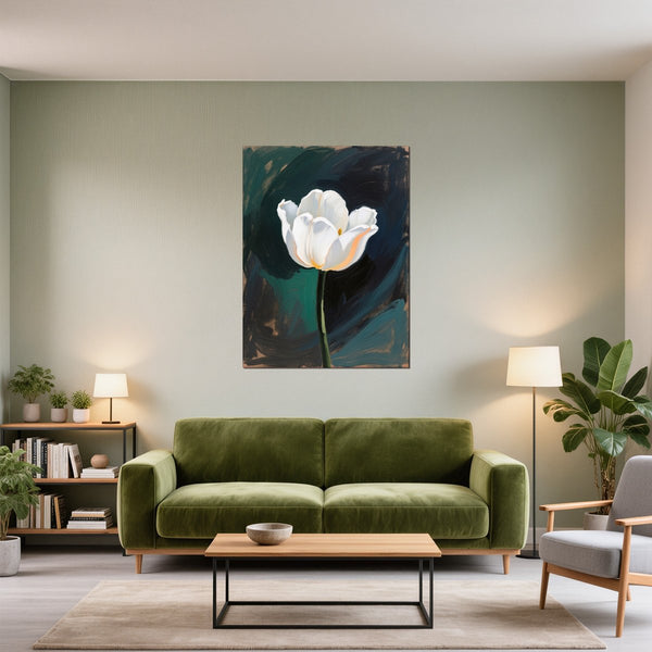 Leinwandbild Elegante weiße Tulpe fuer Wohnzimmer gruen Hochformat