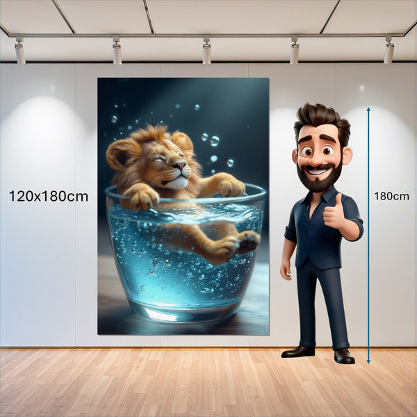 Leinwandbild Entspanntes Löwenbaby im Glas 120x180 cm Hochformat