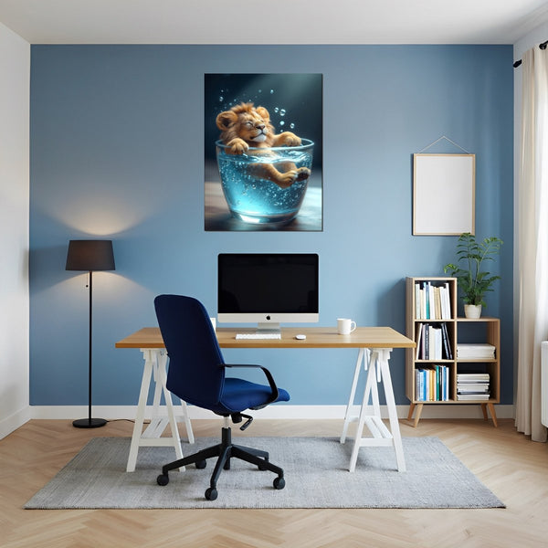 Leinwandbild Entspanntes Löwenbaby im Glas fuer Buero und Arbeitszimmer blau Hochformat