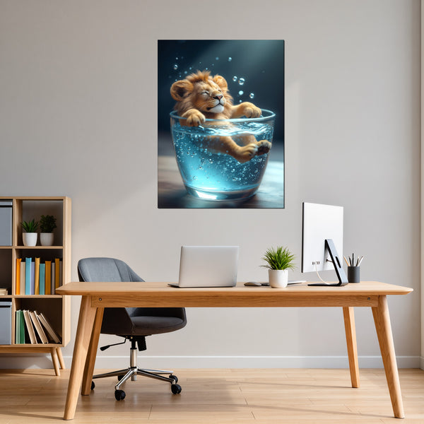 Leinwandbild Entspanntes Löwenbaby im Glas fuer Buero und Arbeitszimmer warmeFarben Hochformat