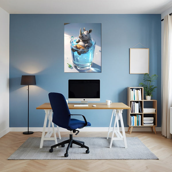 Leinwandbild Entspanntes Nashorn im Glas fuer Buero und Arbeitszimmer blau Hochformat