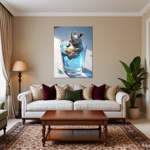 Leinwandbild Entspanntes Nashorn im Glas fuer Wohnzimmer warmeFarben Hochformat