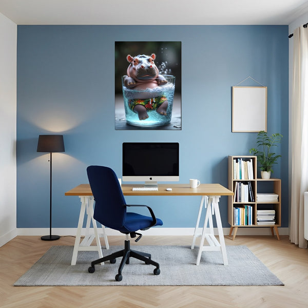 Leinwandbild Entspanntes Nilpferd im Glas fuer Buero und Arbeitszimmer blau Hochformat