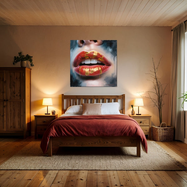 Leinwandbild Goldene Lippenpracht B-00013 fuer Schlafzimmer warmeFarben Quadrat