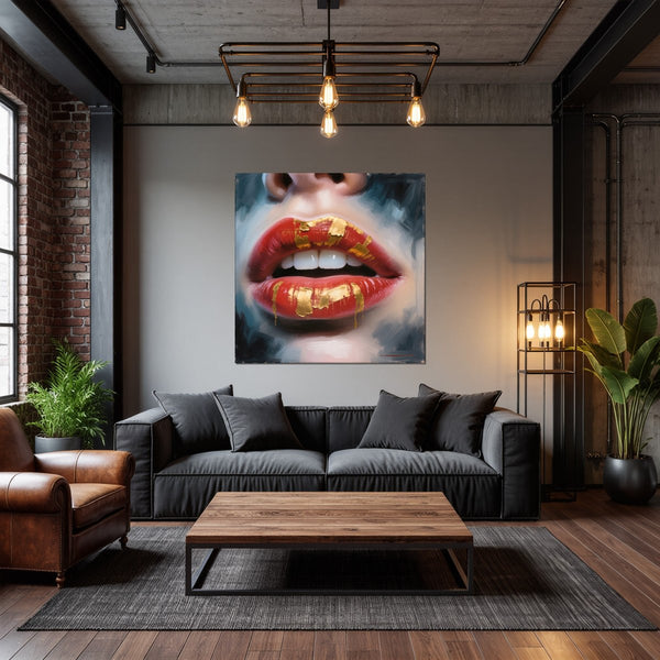 Leinwandbild Goldene Lippenpracht B-00013 fuer Wohnzimmer dunkelanthrazit Quadrat