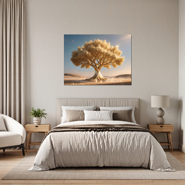 Leinwandbild Goldener Baum in der Natur fuer Schlafzimmer grauoderbeige Querformat