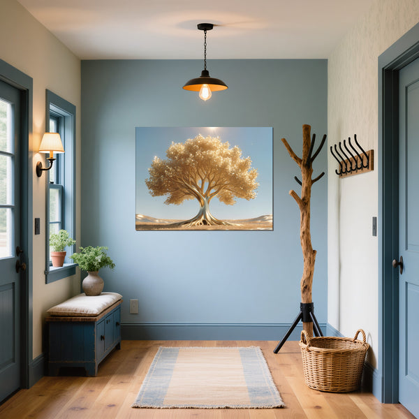 Leinwandbild Goldener Baum unter blauem Himmel fuer Flur und Eingang blau Querformat