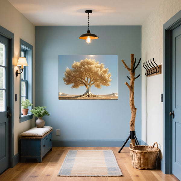 Leinwandbild Goldener Baum unter blauem Himmel fuer Flur und Eingang blau Querformat