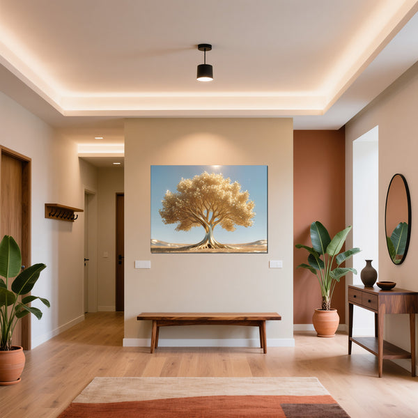 Leinwandbild Goldener Baum unter blauem Himmel fuer Flur und Eingang warmeFarben Querformat