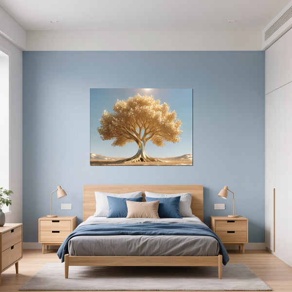 Leinwandbild Goldener Baum unter blauem Himmel fuer Schlafzimmer blau Querformat