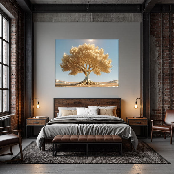 Leinwandbild Goldener Baum unter blauem Himmel fuer Schlafzimmer dunkelanthrazit Querformat